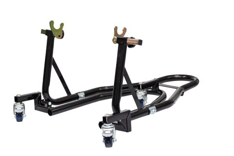 BIKETEC PRO PODNOŚNIK / STOJAK MOTOCYKLOWY POD TYLNE KOŁO TYP-V I TYP-L (POD ROLKI I WAHACZ) NA WÓZKU KOLOR CZARNY (MOŻLIWOŚC ŁA