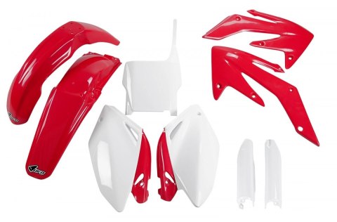 UFO KOMPLET PLASTIKÓW (FULL KIT) Z OSŁONAMI TELESKOPÓW (AMORTYZATORÓW) HONDA CRF 250R '04-'05 KOLOR OEM (CZERWONY/BIAŁY) (HO104E