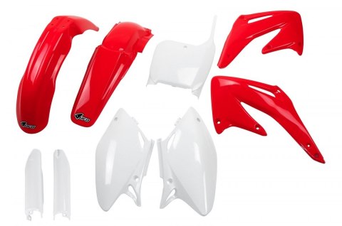 UFO KOMPLET PLASTIKÓW (FULL KIT) Z OSŁONAMI TELESKOPÓW (AMORTYZATORÓW) HONDA CRF 450 R '02-'03 KOLOR OEM (CZERWONY/BIAŁY) (HO106