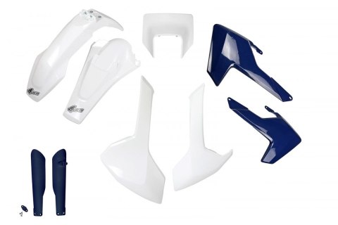 UFO KOMPLET PLASTIKÓW (FULL KIT) Z OSŁONAMI TELESKOPÓW (AMORTYZATORÓW) HUSQVARNA TX/TE/FE '17-'19 Z OSŁONĄ LAMPY KOLOR OEM (BIAŁ