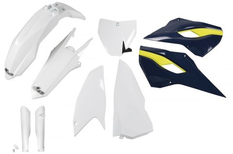 UFO KOMPLET PLASTIKÓW (FULL KIT) Z OSŁONAMI TELESKOPÓW (AMORTYZATORÓW) HUSQVARNA TC 250 '16, KOLOR OEM (BIAŁY/NIEBIESKI) (HU617E