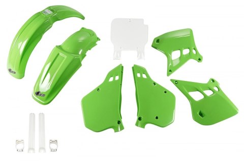 UFO KOMPLET PLASTIKÓW (FULL KIT) Z OSŁONAMI TELESKOPÓW (AMORTYZATORÓW) KAWASAKI KX 125 '90-'91, KOLOR OEM (ZIELONY/BIAŁY) (KA196