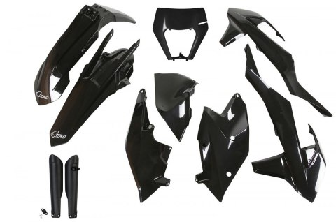 UFO KOMPLET PLASTIKÓW (FULL KIT) Z OSŁONAMI TELESKOPÓW (AMORTYZATORÓW) KTM EXC/EXC-F TPI '17-'19 Z OSŁONĄ LAMPY KOLOR CZARNY (KT