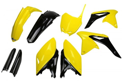 UFO KOMPLET PLASTIKÓW (FULL KIT) Z OSŁONAMI TELESKOPÓW (AMORTYZATORÓW) SUZUKI RMZ 250 '10-'18 KOLOR OEM '14-'16 (ŻÓŁTY/CZARNY) (