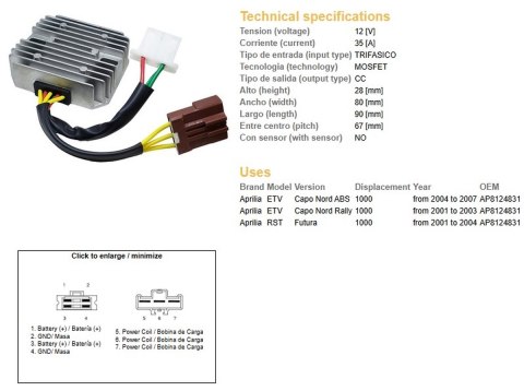 DZE REGULATOR NAPIĘCIA APRILIA ETV 1000 CAPO NORD '01-'07; RST 1000 FUTURA '01-'04 (OEM AP8124831) MOSFET (35A)