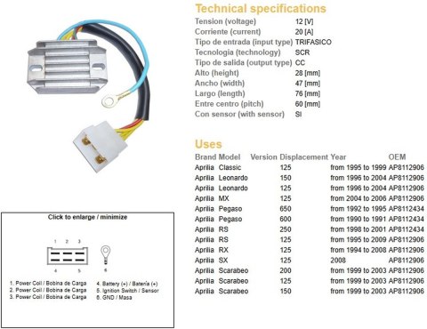 DZE REGULATOR NAPIĘCIA APRILIA PEGASO 600/650 '90-'95; RS 125/250 '95-'09; RX 125 '94-'08; LEONARDO; SCARABEO (ESR087)