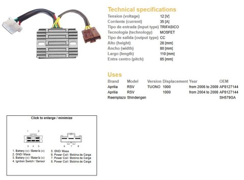 DZE REGULATOR NAPIĘCIA APRILIA RSV 1000 '04-'08; TUONO 1000 '06-'09 (SH579GA) (AP8127144) (ESR549)