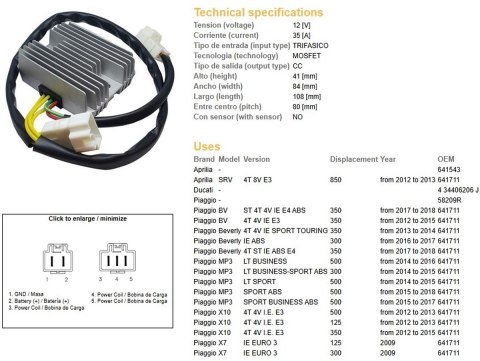 DZE REGULATOR NAPIĘCIA APRILIA SRV 850 '12-'13; PIAGGIO BEVERLY 300 '16-'17; BEVERLY 350 '17-'18; MP3 500 '14-'18; X10 '12-'15; 