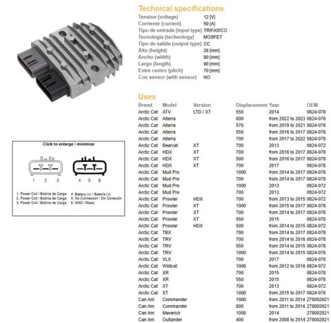 DZE REGULATOR NAPIĘCIA CAN-AM 400/500/650/800/1000; HONDA TRX 500/650/680; KAWASAKI KVF 750 12-13; POLARIS 400/500/550/570/800/9
