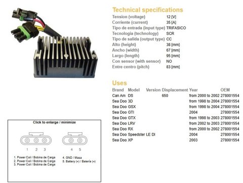 DZE REGULATOR NAPIĘCIA CAN-AM DS 650 '00-'02; SEA DOO 3D/GSX/GTX/RX/XP/LRV '98-'04 (OEM 278001554) (35A)