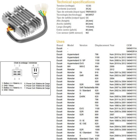 DZE REGULATOR NAPIĘCIA DUCATI 600/620/748/750/796/800/900/916/944/992/996/1000/1100 '98-'12 (35A)(54040111C, SH579-B11) (ESR532)