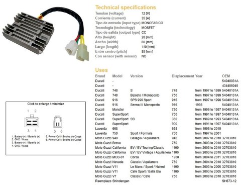 DZE REGULATOR NAPIĘCIA DUCATI 748 '97-'99; 916 '97-'98; LAVERDA 668 '96-'15; 750 '97-'01; MOTO GUZZI 750 BREVA '03-'10; 750 NEVA