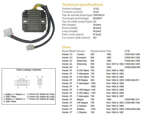 DZE REGULATOR NAPIĘCIA HONDA CX 650 '83; GL 650 '83; VF 700S '84-'85; VF 750F/S/C '84-'85; VF 1000/1100R/F/C '84-'86 (ESR650)