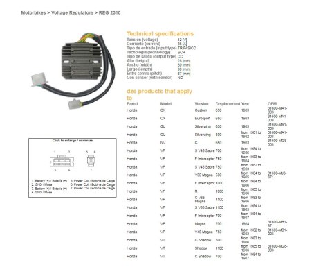 DZE REGULATOR NAPIĘCIA HONDA CX 650 '83; GL 650 '83; VF 700S '84-'85; VF 750F/S/C '84-'85; VF 1000/1100R/F/C '84-'86 (ESR650)