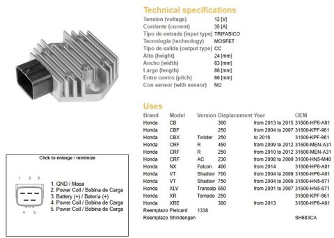 DZE REGULATOR NAPIĘCIA HONDA CB 300 '13-'15; CBF 250 '04-'07; CRF 250/450R '09-'12; VT 700 SHADOW '04-'09; VT 750 SHADOW '04-'09
