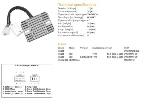 DZE REGULATOR NAPIĘCIA HONDA CBR 1100XX '99-'00 (31600-MAT-E01) (SH579C-12) (ESR684)