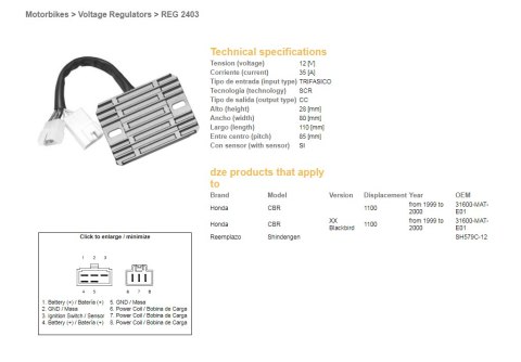 DZE REGULATOR NAPIĘCIA HONDA CBR 1100XX '99-'00 (31600-MAT-E01) (SH579C-12) (ESR684)