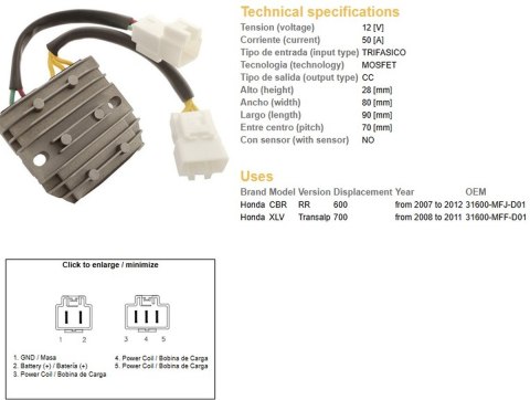 DZE REGULATOR NAPIĘCIA HONDA CBR 600RR '07-'12; XL 700V TRANSALP '08-'11 (50A) (31600-MFJ-D01)