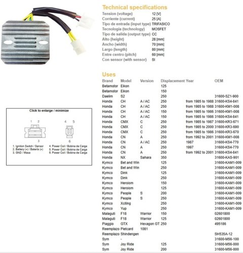 DZE REGULATOR NAPIĘCIA HONDA CMX 250 REBEL '85-'00; CN 250 '87-'01; KYMCO 125/200/250; MALAGUTI; PIAGGIO; SYM (ESR334) (KAM-009-