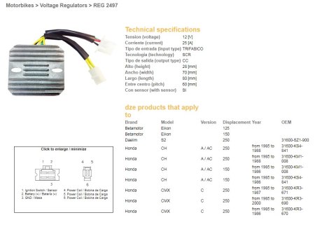 DZE REGULATOR NAPIĘCIA HONDA CMX 250 REBEL '85-'00; CN 250 '87-'01; KYMCO 125/200/250; MALAGUTI; PIAGGIO; SYM (ESR334) (KAM-009-