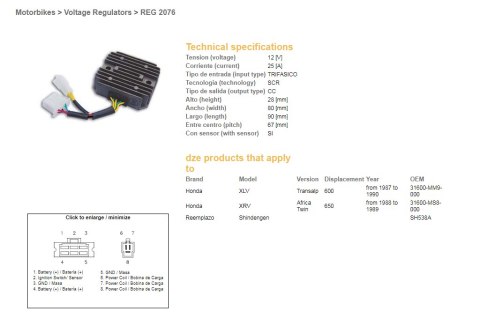 DZE REGULATOR NAPIĘCIA HONDA XL 600V '87-'90; XRV 650 AFRICA TWIN '88-'89 (SH538A), (RGU-144, ESR640), (31600-MM9-000) (31600-MS