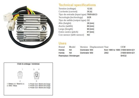 DZE REGULATOR NAPIĘCIA HONDA NX 650 DOMINATOR '95-'99; '02 (31600-MAN-621) (35A)