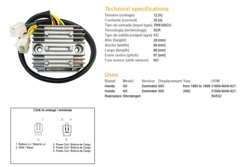 DZE REGULATOR NAPIĘCIA HONDA NX 650 DOMINATOR '95-'99; '02 (31600-MAN-621) (35A)