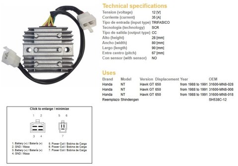 DZE REGULATOR NAPIĘCIA HONDA NTV 650 '88-'91 12V 35A (SH538C-12) (31600-MN8-008) (31600-MN8-028) (ESR252)