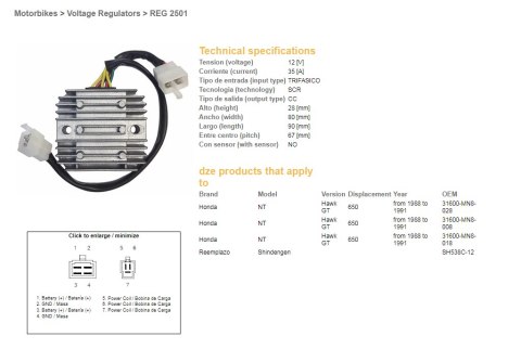 DZE REGULATOR NAPIĘCIA HONDA NTV 650 '88-'91 12V 35A (SH538C-12) (31600-MN8-008) (31600-MN8-028) (ESR252)