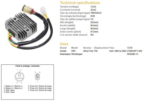 DZE REGULATOR NAPIĘCIA HONDA XRV 750 AFRICA TWIN '93-'03 (35A) (31600-MY1-003) (ESR672; RGU-125)
