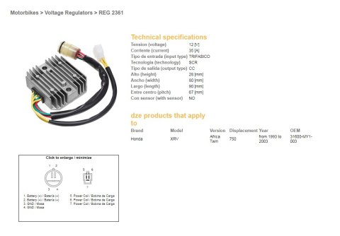 DZE REGULATOR NAPIĘCIA HONDA XRV 750 AFRICA TWIN '93-'03 (35A) (31600-MY1-003) (ESR672; RGU-125)
