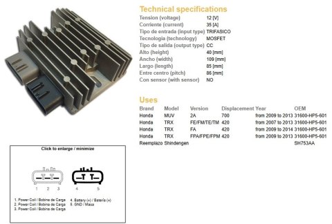 DZE REGULATOR NAPIĘCIA HONDA TRX 420FE/FM/TE/TM '07-'14; MUV 700 '09-'13 (35A) (31600-HP5-601) (SH753AA) (ESR318)