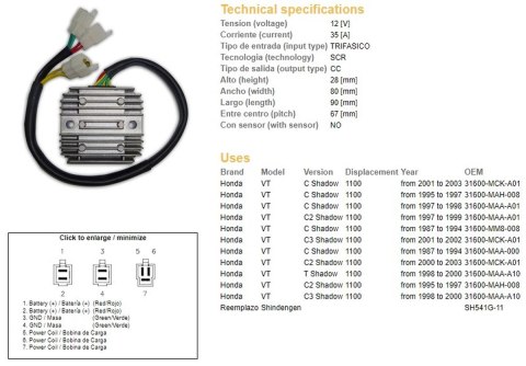 DZE REGULATOR NAPIĘCIA HONDA VT 1100C/C2/C3 SHADOW '87-'03 (35A) (31600-MAH-008) (ESR120) (SH541G-11)