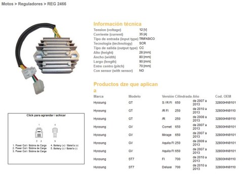 DZE REGULATOR NAPIĘCIA HYOSUNG GT 250R '08-'13; GT 650S/R '08-'13; GV 250 '09-'13; GV 650 '07-'13; MS3 125/250; ST7 700 '10-'13;