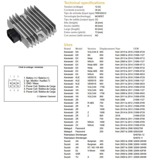 DZE REGULATOR NAPIĘCIA KAWASAKI EX 300/650 NINJA '06-'17; KLE 650 VERSYS '07-'16; VN 900/1700 '06-'19; ZR 750/800/1000 '04-'16; 