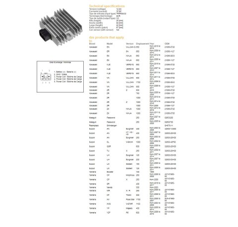 DZE REGULATOR NAPIĘCIA KAWASAKI EX 300/650 NINJA '06-'17; KLE 650 VERSYS '07-'16; VN 900/1700 '06-'19; ZR 750/800/1000 '04-'16; 