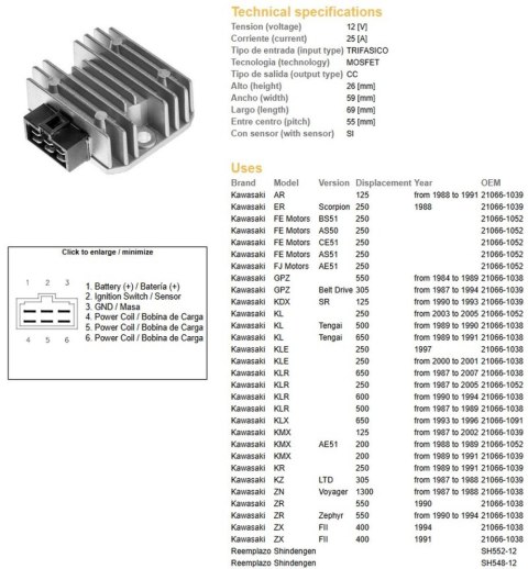 DZE REGULATOR NAPIĘCIA KAWASAKI KDX 125 '90-'93; KLE 250; KL 500/650 '89-'91; KMX 125/200 '87-'02; KLX 650 '93-'96 (ESR246) (208
