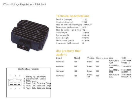 DZE REGULATOR NAPIĘCIA KAWASAKI KLF 300 BAYOU '88-'02; KEF 300 LAKOTA '95-'03; KFX 300 '01-'04 (SH650A-12) (21066-1089)