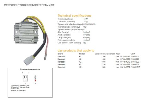 DZE REGULATOR NAPIĘCIA KAWASAKI KZ 200 '78-'79; KZ 300 '81-'82; KZ 400 '78-'79; KZ 650 '77-'79; KZ 750 '76-'79 (21066-1013/029) 