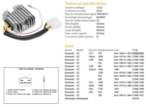 DZE REGULATOR NAPIĘCIA KAWASAKI KZ 550/650/750/1000 (ESR370,SH530-12K,21066-1008,RGU-406)