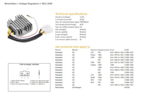 DZE REGULATOR NAPIĘCIA KAWASAKI KZ 550/650/750/1000 (ESR370,SH530-12K,21066-1008,RGU-406)