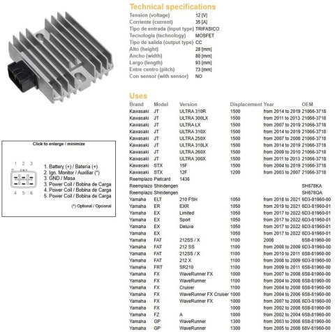 DZE REGULATOR NAPIĘCIA KAWASAKI STX 1200 '03-'07; STX 1500 '07-'19; YAMAHA ELT/ER/EX/FAT/FX/FZ/GP/JD 1000/1050/1100