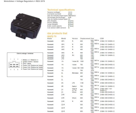 DZE REGULATOR NAPIĘCIA KAWASAKI VN 750/1500; ZN 700/1100; ZR 750 '91-'93; ZX 400/550/600; ZZ-R 400/500/600 (RGU-403, ESR260) (21
