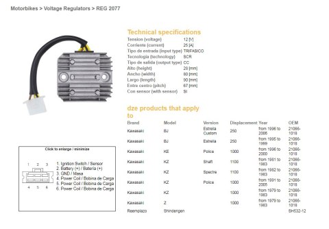 DZE REGULATOR NAPIĘCIA KAWASAKI Z 1000 '79-'83; KZ 1000 '79-'83; KZ 1100 '82-'83 (SH532-12;ESR140)