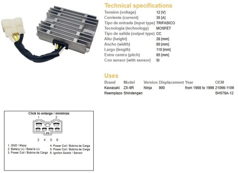 DZE REGULATOR NAPIĘCIA KAWASAKI ZX-9R NINJA '98-'99 (OEM 21066-1109) MOSFET (35A)