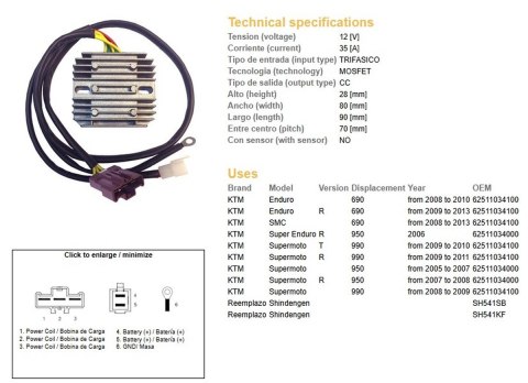 DZE REGULATOR NAPIĘCIA KTM 690R ENDURO '08-'13; 950R SUPER ENDURO '06-; SUPERMOTO 950/990R '05-'11 (OEM-62511034000) (SH541SB, S