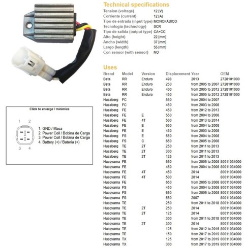 DZE REGULATOR NAPIĘCIA KTM EXC 125/200/250/300/400/525/530 '98-'13; XC-W 250/450/525 '07-'08; HUSQVARNA TE/TX/FE/FC/FS 125/250/3