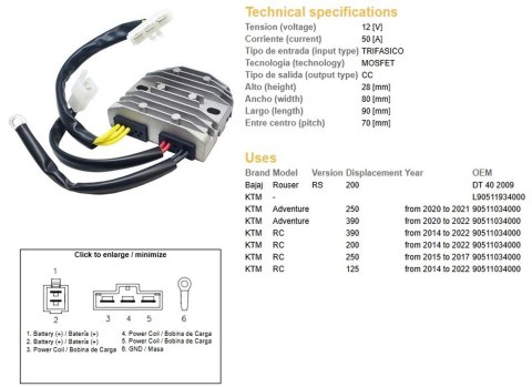 DZE REGULATOR NAPIĘCIA KTM RC 125 '14-'22; RC 200 '14-'22; RC 250 '15-'17; 250 ADVENTURE '20-'21; 390 ADVENTURE '20-'22 (OEM 905