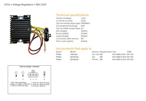 DZE REGULATOR NAPIĘCIA POLARIS SPORTSMAN 300/400 '08-'10; HAWKAYE 300 '06-'11 (4011182)