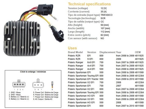 DZE REGULATOR NAPIĘCIA POLARIS SPORTSMAN EFI 500/700/800; RANGER EFI 500/700/800 (12V/35A) (4012384, 4011569, 4011925) (ESR826)